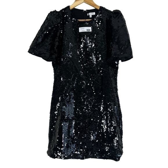 NWT TCEC Mini Dress Womens M Black Sequin Short Puff Sleeve Cocktail Birthday - Picture 1 of 5